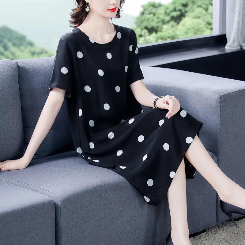 Polka Dot Dress Large Size Women's Short  Sleeve Round Neck Calf Length Daily Homewear