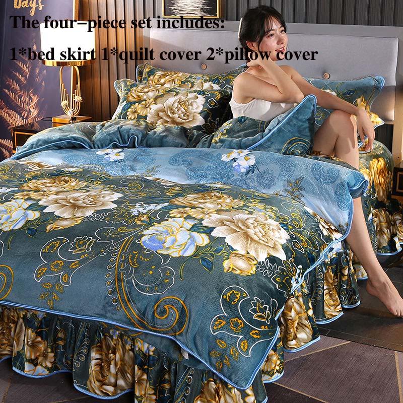 Warm Flannel Four-piece Thick Gold Mink Fleece Bed Skirt Quilt Cover Pillowcase Set Winter Double Bed Supplies