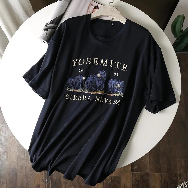 Little bear embroidery Cotton T -Shirt Women Tops Round Neck  Casual Tops Tee