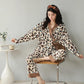 Women's Leopard-print Cotton Pajamas Set V-neck Long-sleeves Pyjama Set Japanese Kimono House Wear Loose Top Pants Two-piece Set