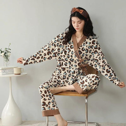 Women's Leopard-print Cotton Pajamas Set V-neck Long-sleeves Pyjama Set Japanese Kimono House Wear Loose Top Pants Two-piece Set