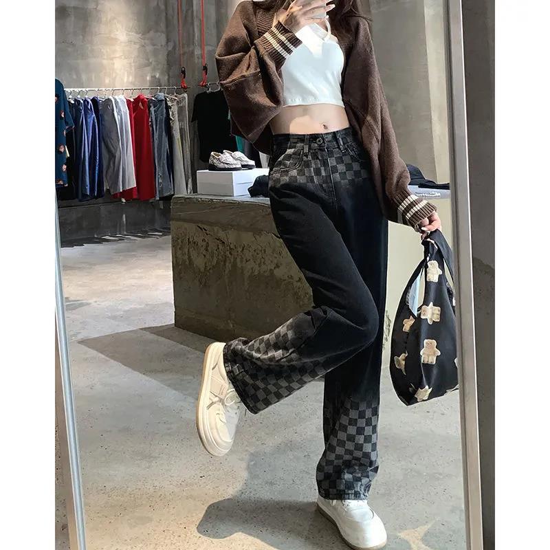 Chess Board Graded Jeans Female Korean Version of The Design High Waist Slim Vertical Straight Wide Leg Trousers