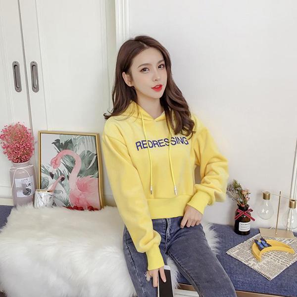 Autumn and Winter Short Hooded Sweater Embroidered Gold Velvet Thick Sweater High Waist Lantern Sleeve Blouse Women's Trend