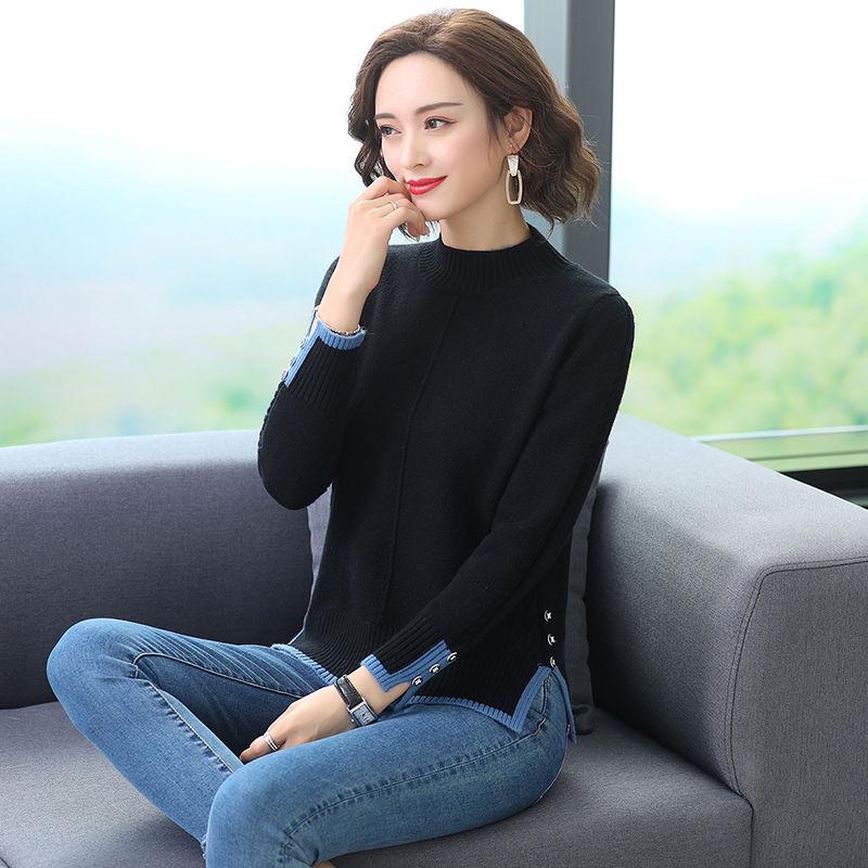 Winter Women Short Mid-High Collar Pullover Sweater Button Twist Loose Office Undershirt