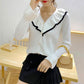 Autumn and Winter Simple V-neck Bottoming Shirt Color-blocking Ruffled Knitted Cardigan Sweet Girl Age Reduction Top
