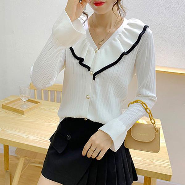 Autumn and Winter Simple V-neck Bottoming Shirt Color-blocking Ruffled Knitted Cardigan Sweet Girl Age Reduction Top