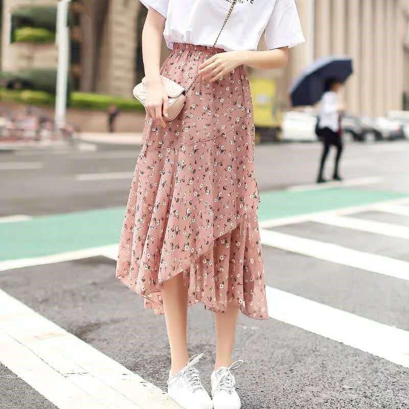 Womens Summer Skirts Korean Style Design Date Fashion Floral Printed Chiffon High Waist Long Skirt