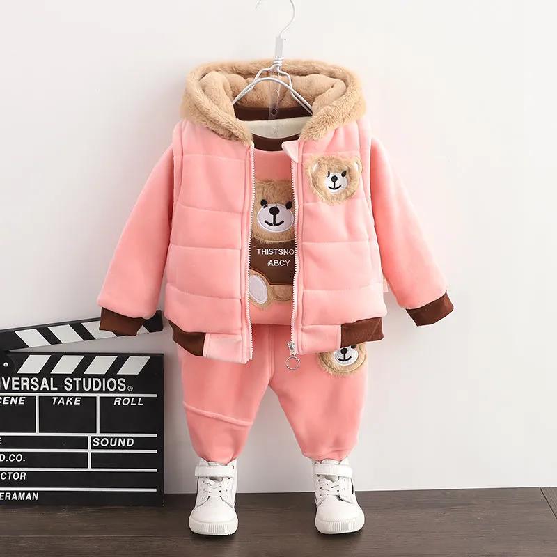 Boy's Autumn and Winter Plus Velvet Padded Cotton Three-piece Suit Baby Little Baby Warm Solid Color Fashion Cute Hooded Sweater Cotton Suit