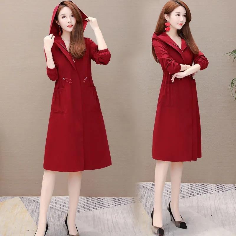 Women's Mid-length Hooded Windbreaker Solid Color Elastic Waist Thinner Hooded Jacket Korean Style Large Size Loose Jacket Drawstring Zipper Jacket