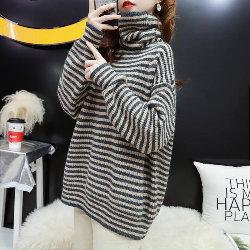 Women contrast striped sweater winter Turtleneck Pullover long sleeve female students loose knitwear