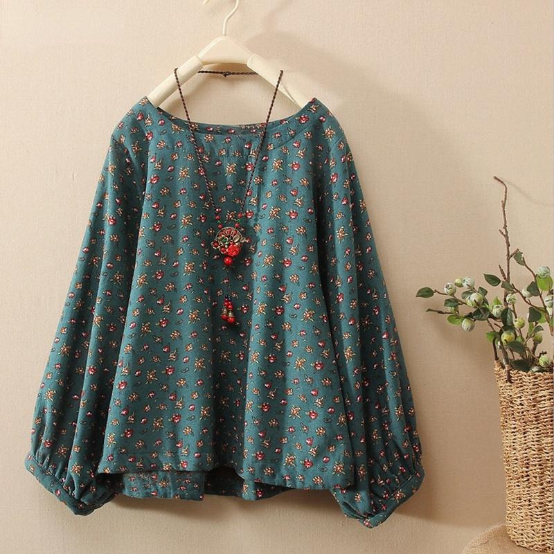 Women's Plus Size Floral Round Neck Long Sleeve Blouse