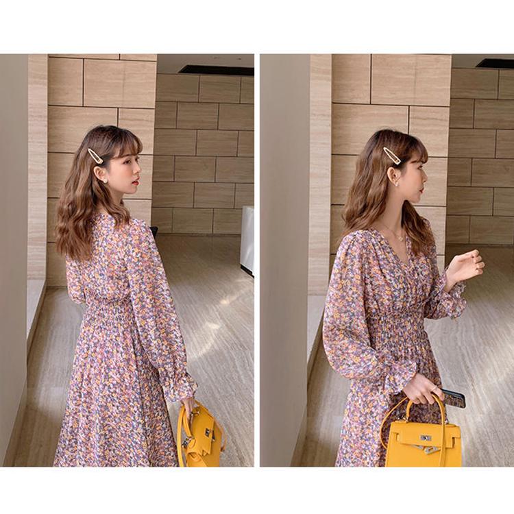 2020 Spring Chiffon Midi Dress Korean Floral Printing Ruffles Dress Hem Elegant Party Vestidos