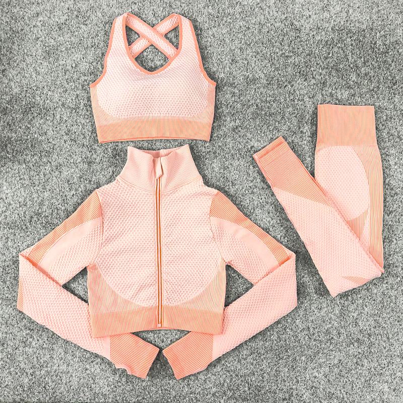 3PCS Seamless Knitted Yoga Suit Set Four Seasons Universal Hip Lift Fitness Sports Suit Gym Running Trousers Vest Long-sleeved Jacket Three-piece Set