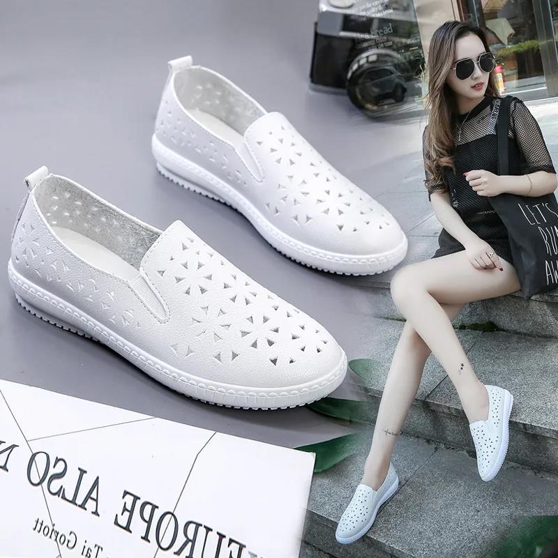 Hollow Breathable Loafers Women's Casual Flat-bottomed One-Piece Women's Shoes Hollow Comfortable Soft Leather Shoes Ladies Casual Shoes