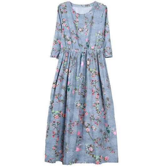 Women Summer Vintage High Waist Long Holiday Dress Elegant Slim Floral Print Pleated Casual Dress