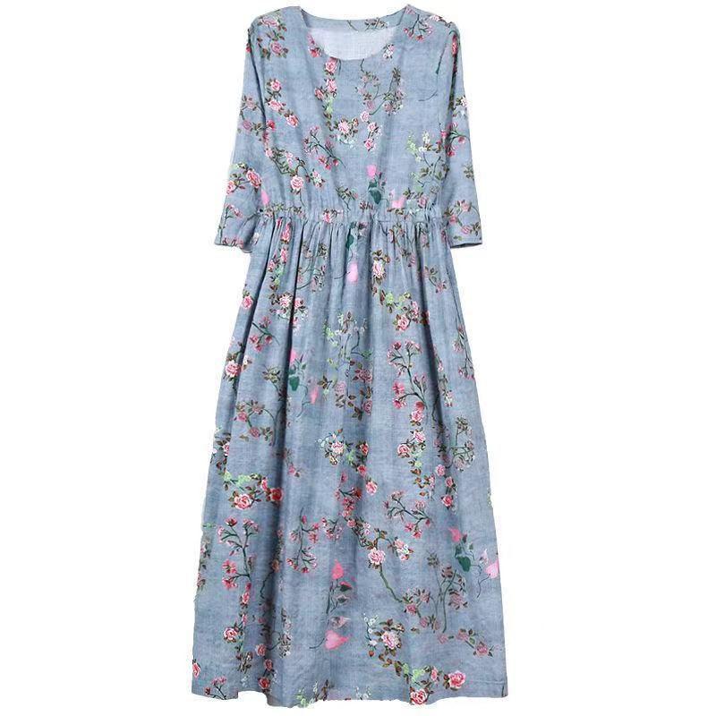 Women Summer Vintage High Waist Long Holiday Dress Elegant Slim Floral Print Pleated Casual Dress