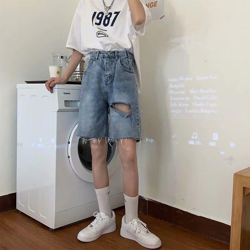 WTEMPO Ripped Denim Shorts Skirt Women Jeans Elastic Waist Loose Wide Leg A-line Office Club Casual Party Dates Vocation