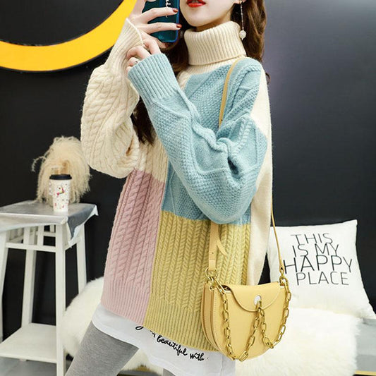 Autumn/winter Turtleneck Sweater Women Loose Thick Warm Color Block Sweater Coat Outer Wear Knit Jumper Pullover