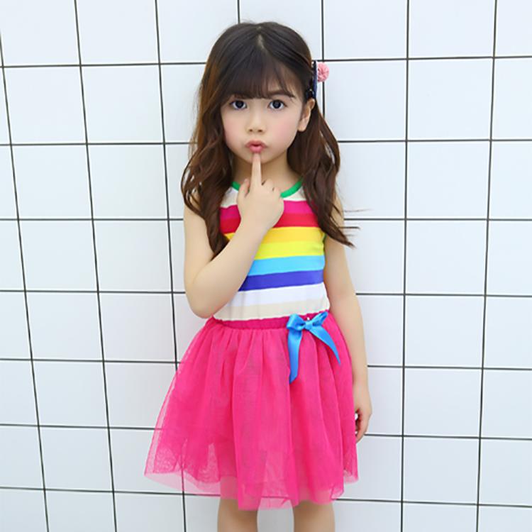 Girls Kids Rainbow Striped Tutu Dress Princess Sleeveless Mesh Dresses Summer Casual
