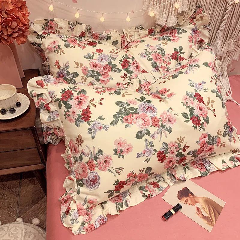 Princess Style Print Pillowcase Korean Style Fashion Lace Soft Pillow Core Cover A Pair of Cotton Pillowcases for Adults