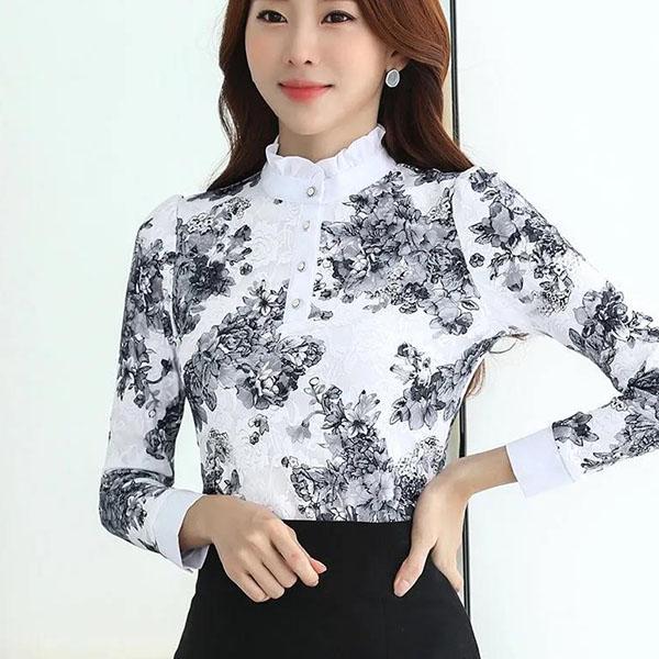 Women's Autumn Floral Printed Blouses Plus Size Thin Plush Tops Female Witner Long Sleeve Blouse