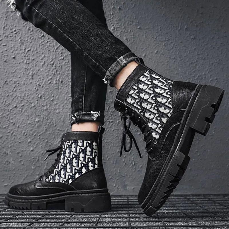 Men's Non-slip Autumn and Winter Martin Boots Net Red Ins Tooling Boots Korean Version of The British Style Black Boots Microfiber Leather Shoes