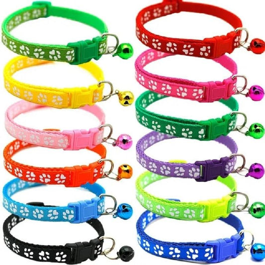 Dog Cat Collar Small and Medium-sized Dog Teddy Adjustable Pet Leash Collar Cute Paw Printing Bell Collar Solid Nylon Collar Dogs Cats Neck Decor