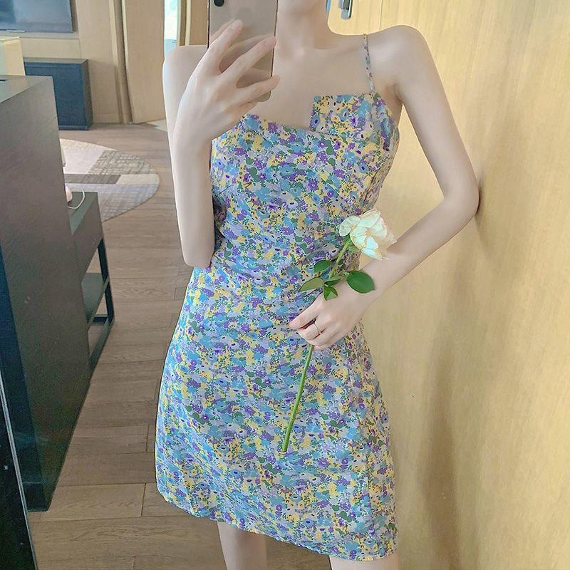 Women's Summer Simple Elegant Irregular Waist Thin Splicing Sweet Fresh Sling Party Floral Dress