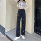 Spring and Autumn High Waist Jeans Women's Loose Thin Wide Leg Love Embroidered Pants Japanese Thin High Waist Casual Pants