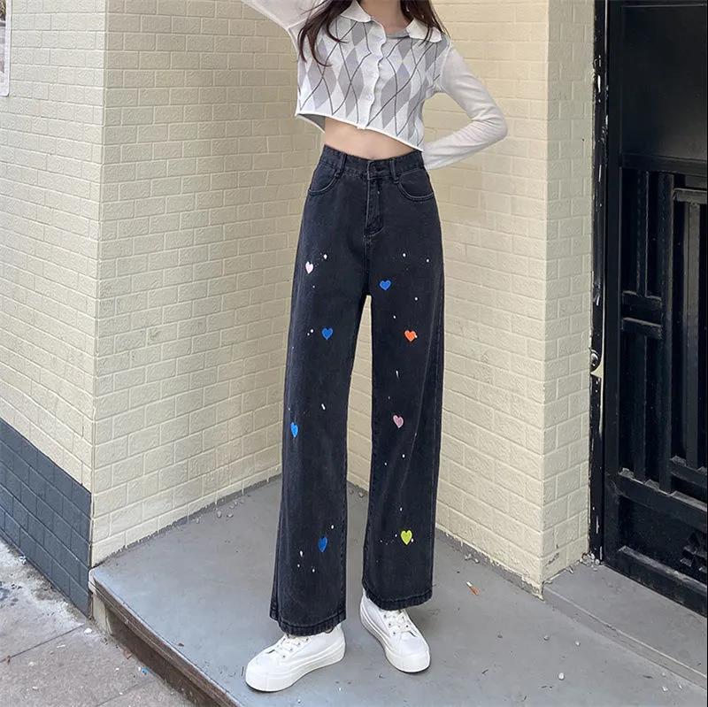 Spring and Autumn High Waist Jeans Women's Loose Thin Wide Leg Love Embroidered Pants Japanese Thin High Waist Casual Pants