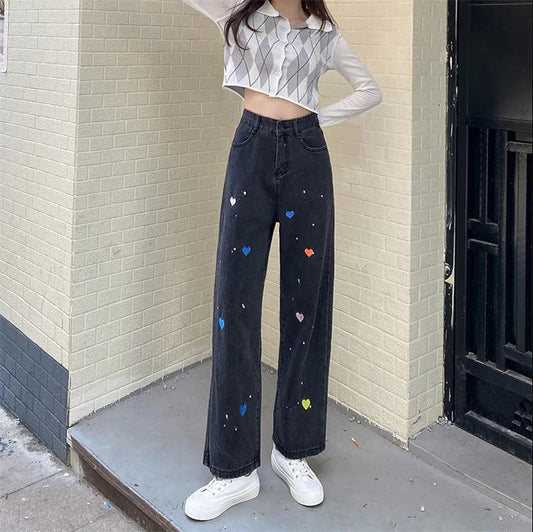 Spring and Autumn High Waist Jeans Women's Loose Thin Wide Leg Love Embroidered Pants Japanese Thin High Waist Casual Pants