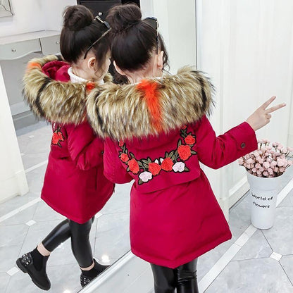 Girls' Warm and Thick Cotton-padded Jacket Mid-length Windproof and Velvet Jacket