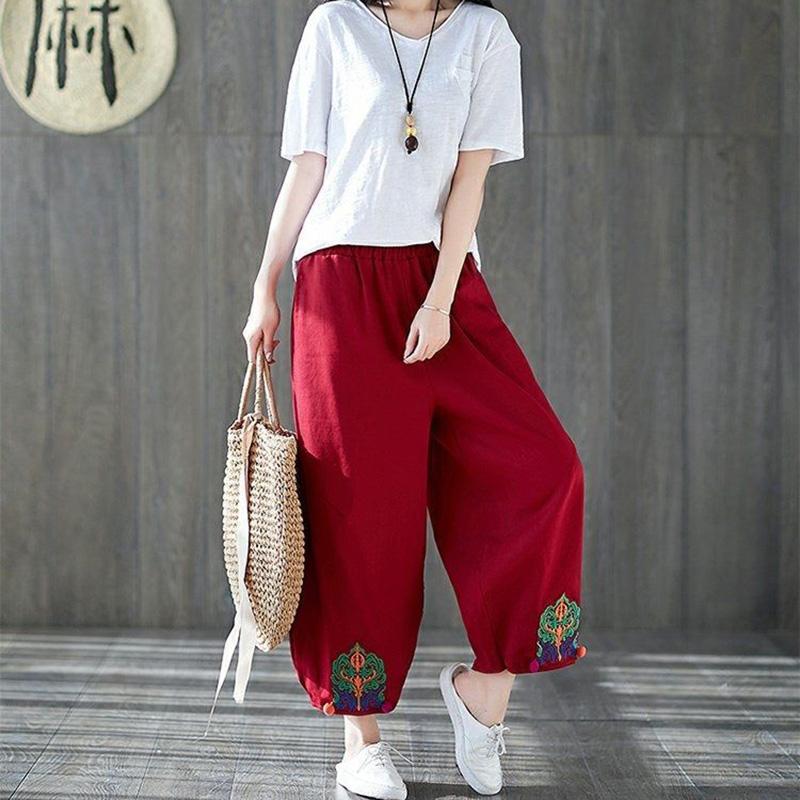 WTEMPO L-XXXXL Cotton Linen Pants Women Ethnic style Loose Elastic Waist Solid Color Casual Trousers