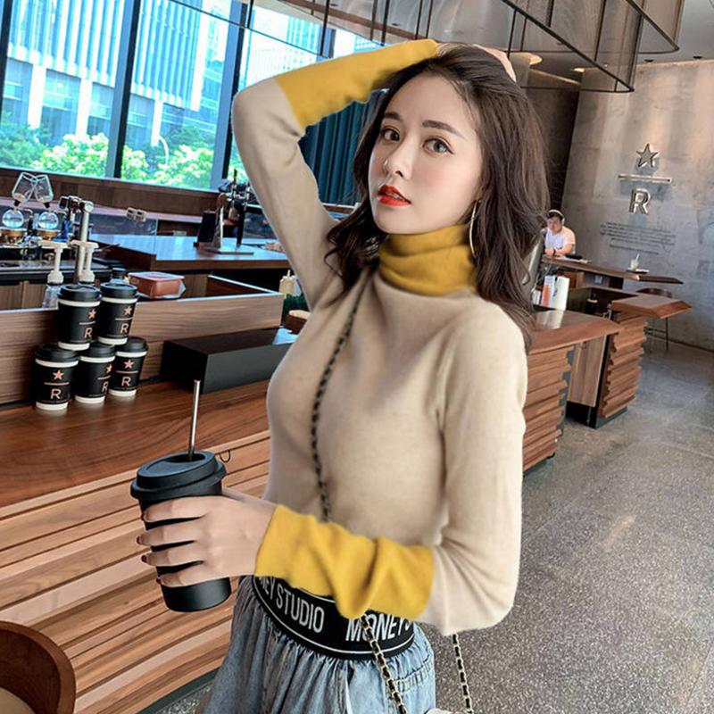 PofuLove Winter Long-sleeved Slim-fit Color-block Turtleneck Reversible Plus Velvet Bottoming Shirt