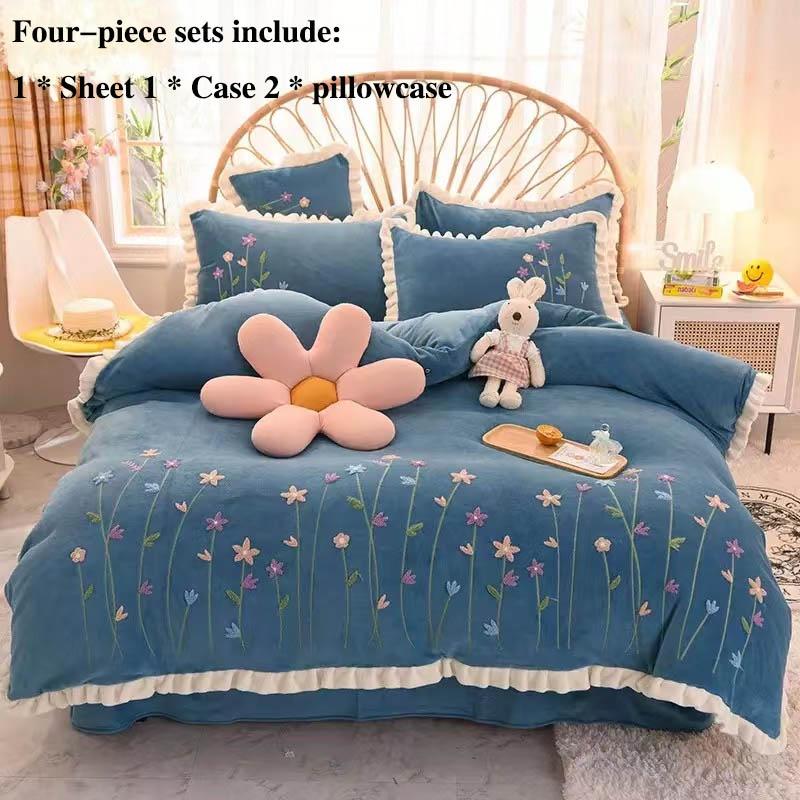 Milk Velvet Four-piece Autumn and Winter Thick Warm Double-sided Velvet Bed Single Is Set of Pillow Sets Set 1.8 Meters 2 Meter Bed Princess Wind