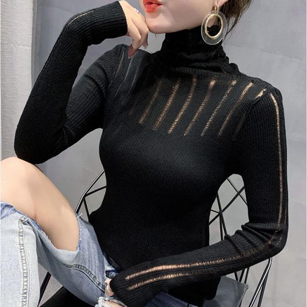 Base Sweater Women's Self-cultivation Pullover Hollow Knit Sweater Women's Long-sleeved Pile Turtleneck Sweater Top