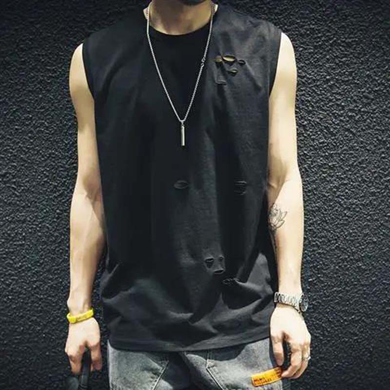 Summer Thin Rotten Hole Sleeveless T-shirt Loose Waistcoat Outer Wear Solid Color Trendy Vest
