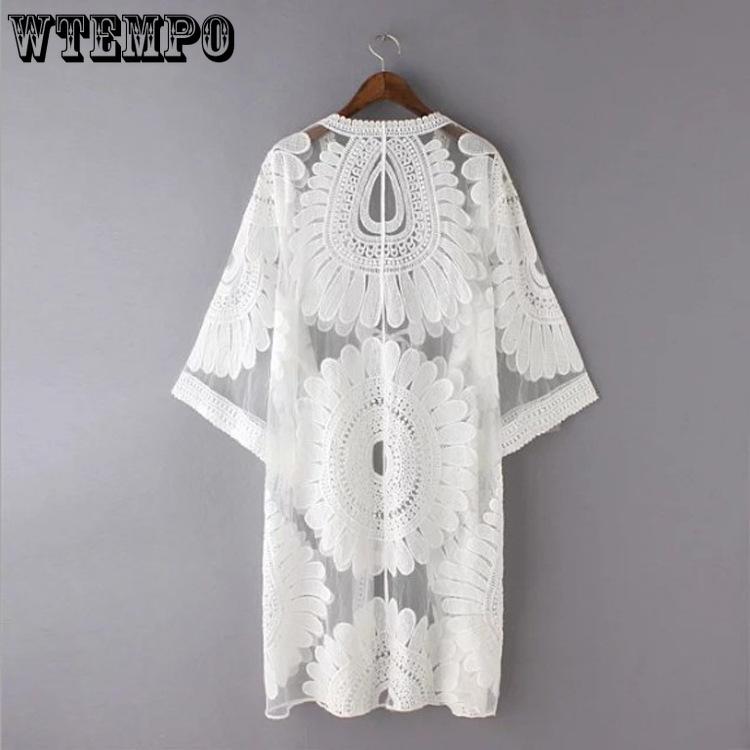 Perspective Hollow Blouse Women Cardigan Long Sleeved Female Summer Beach Loose Casual Soft Dress