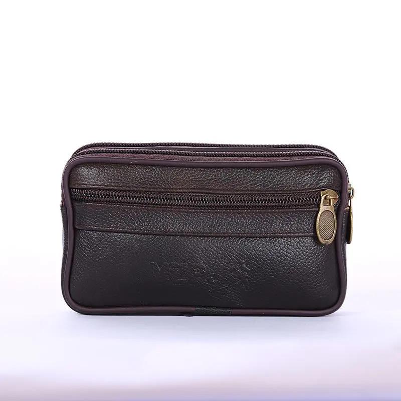 Men's Leather Horizontal Pockets Mobile Phone Waist Bag Wearing Belt Double Mobile Phone Purse Convenient Small Bag