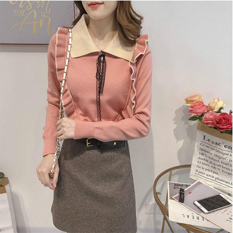 Pofulove sweater women's new Korean sweater loose lapel autumn and winter fungus sweet college style