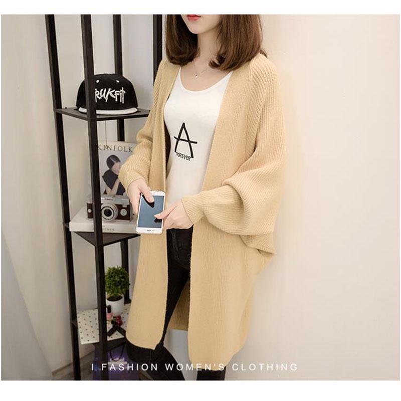 Simple Solid Color Mid-length Knitted Cardigan Jacket Spring and Autumn Women's Loose Bat Shirt with V-neck Top