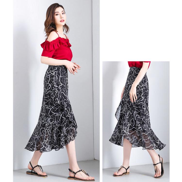 Long Print Chiffon Skirt Women Summer Elegant High Waist Pleated Sun Maxi Skirt Female