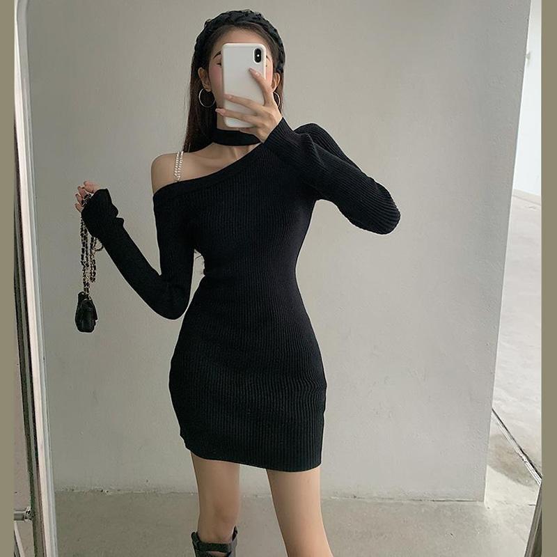 WTEMPOWomen Sexy Hollow Out Strapless Temptation Slim Long Sleeve Split Snap Tight Nightclub Bar Dress