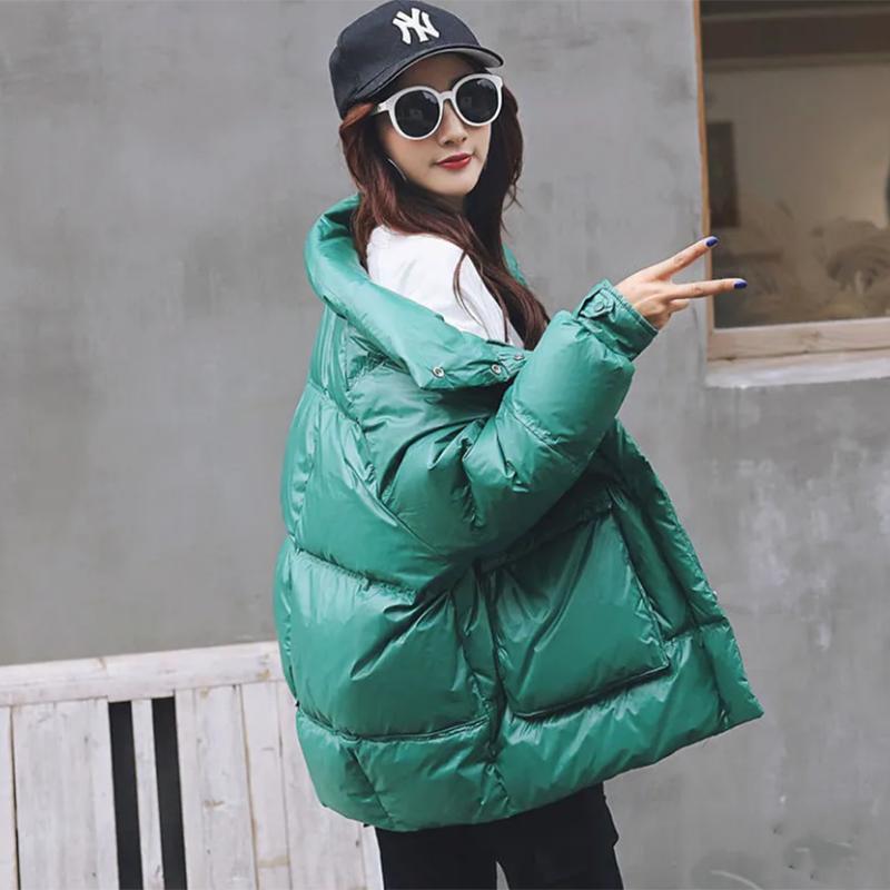 Women's Shiny Short Down Jacket Winter Korean Style Loose Quilted Jacket Casual Stand-collar Padded Jacket