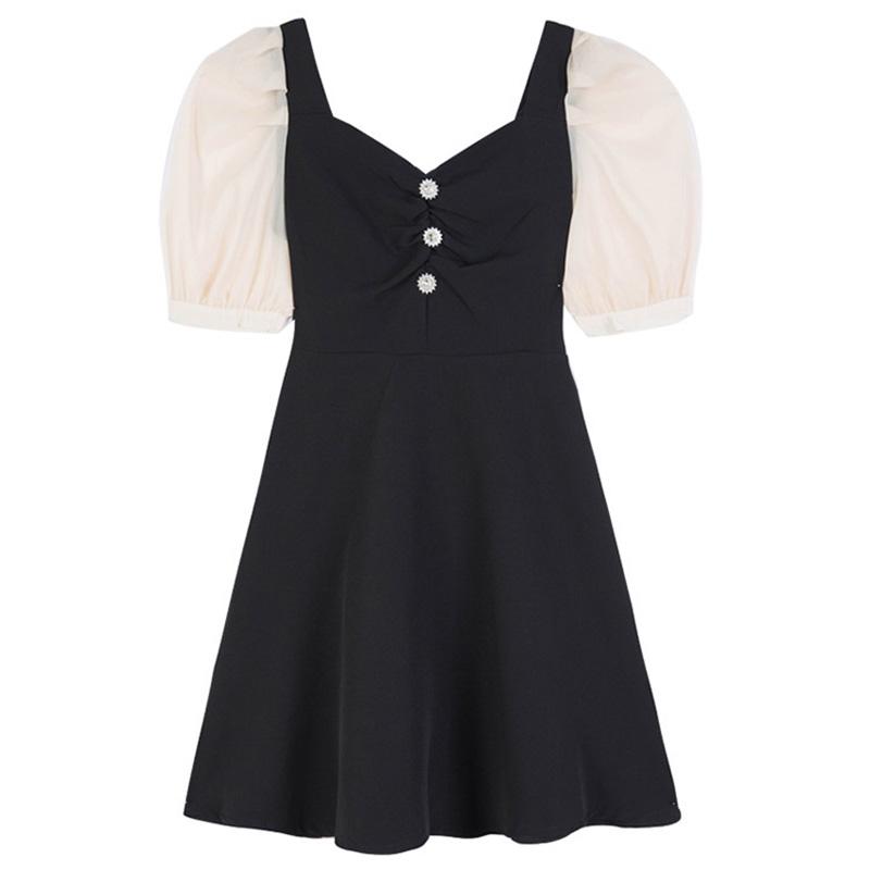 Summer French Retro Puff Sleeve V-neck Waist Waist and Thin Temperament Dress Women's Little Black Dress Mid-length Slim Dress French Retro