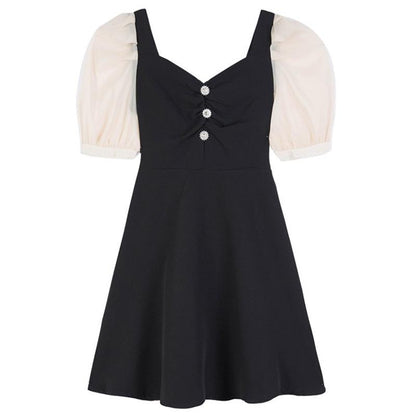 Summer French Retro Puff Sleeve V-neck Waist Waist and Thin Temperament Dress Women's Little Black Dress Mid-length Slim Dress French Retro