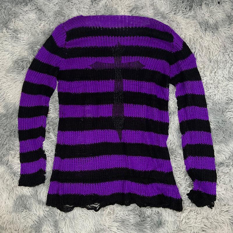 Punk Gothic Long Sweater Dress Plus Size Hollow Out Hole Destroy Pullover Jumper New Oversized Hip Hop Harajuku Striped Sweaters Hip Hop Streetwear