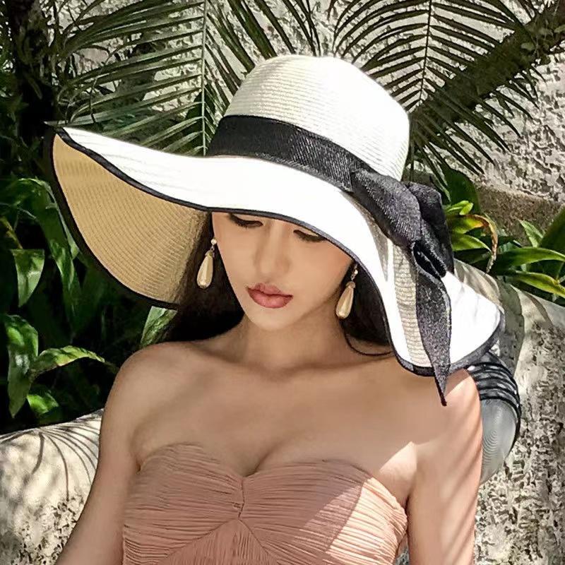 Women's Foldable Summer Straw Hat Bow Ribbon Beach Hat Big Brim Sunscreen Cap Sunshade Sun Hat Vacation All Match Hat