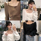 Design Sense French Niche Waist Sleeves Are Thin, Fake Two-piece Clavicle Strapless Large Size Long-sleeved Sweater Women's Blouse