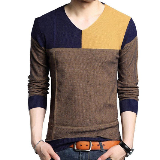2019 Autumn Winter Warm Wool Sweaters Casual Patchwork V-neck Pullover Men Brand Slim Fit Sweater